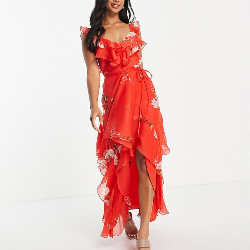ASOS DESIGN Petite Ruffle Maxi Floral Dress - Size 6